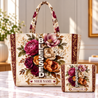 Burgundy Floral Bouquet Personalized Quilted Shoulder Bag & Storage Bag