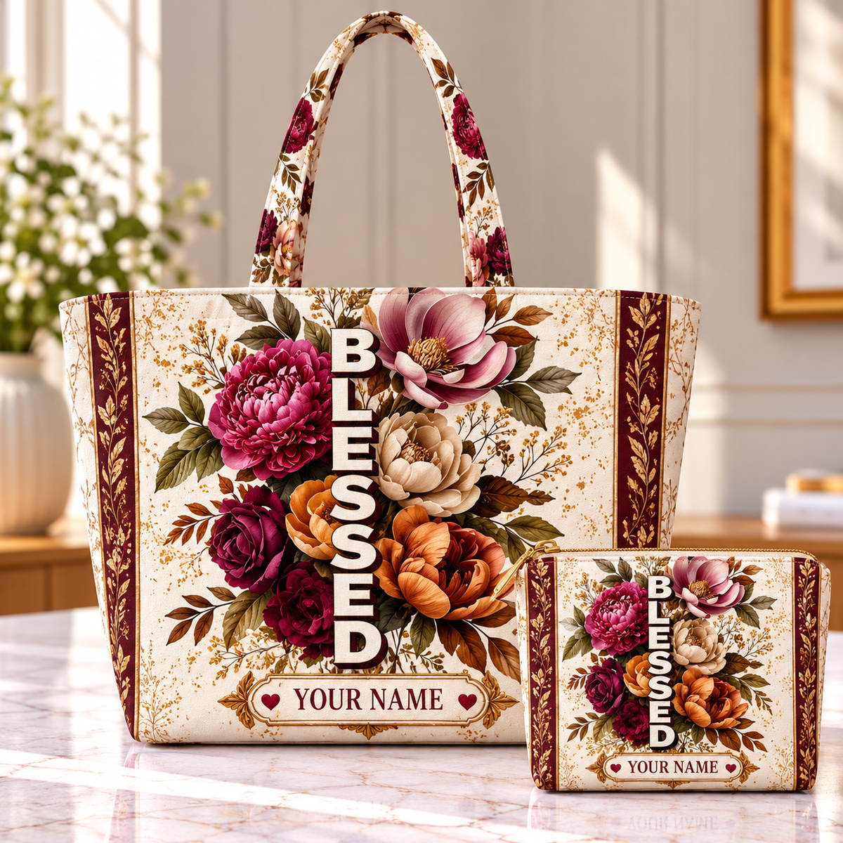 Burgundy Floral Bouquet Personalized Quilted Shoulder Bag & Storage Bag