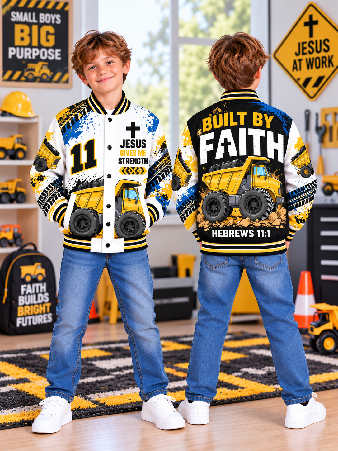 Built By Faith Dump Truck Kids Baseball Jacket