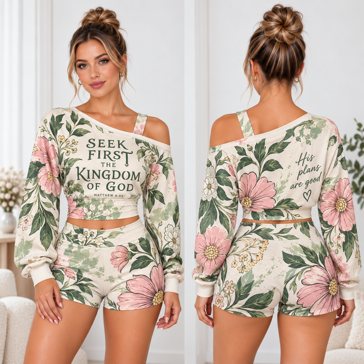 Seek First the Kingdom of God One-Shoulder Top and Shorts Set