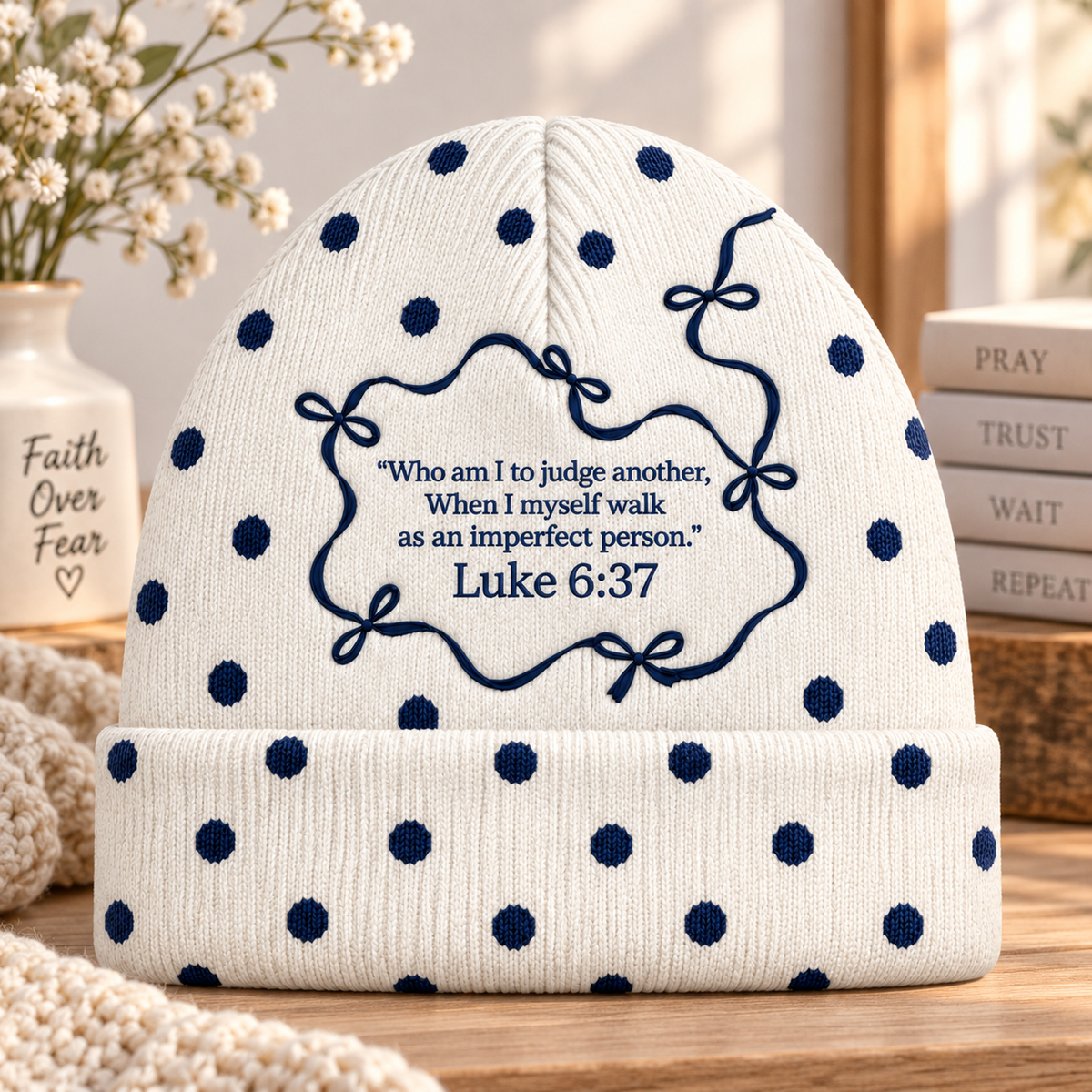 Cream Navy Polka Dot Bow Beanie Hat