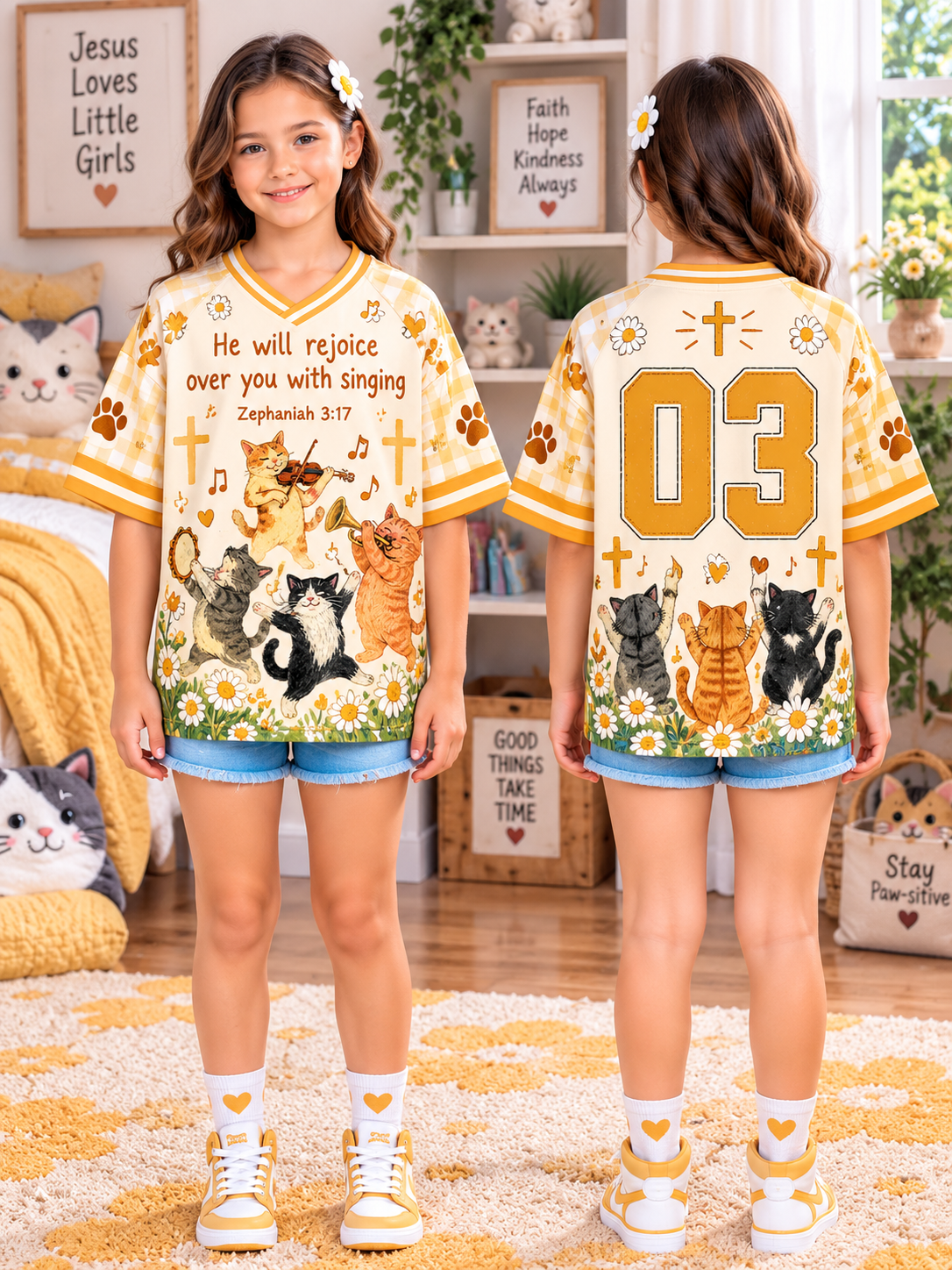 He Will Rejoice Over You Cats Kids T-Shirt Jersey