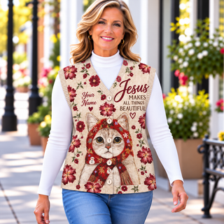 Red Scarf Cat Floral Personalized Knitted Cardigan Vest