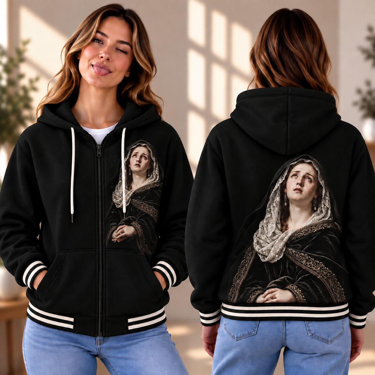 Black Veiled Woman Portrait Zip-up Baseball Jacket