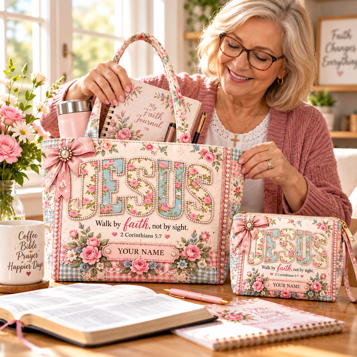 Pink Rose Bow Personalized Quilted Shoulder Bag & Storage Bag