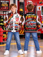 Built By Faith Fire Truck Kids Baseball Jacket