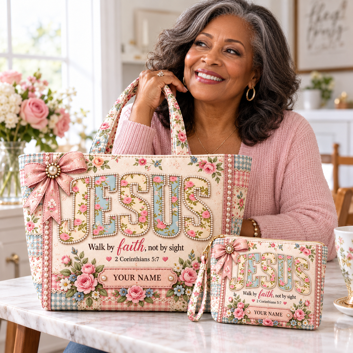Pink Rose Bow Personalized Quilted Shoulder Bag & Storage Bag