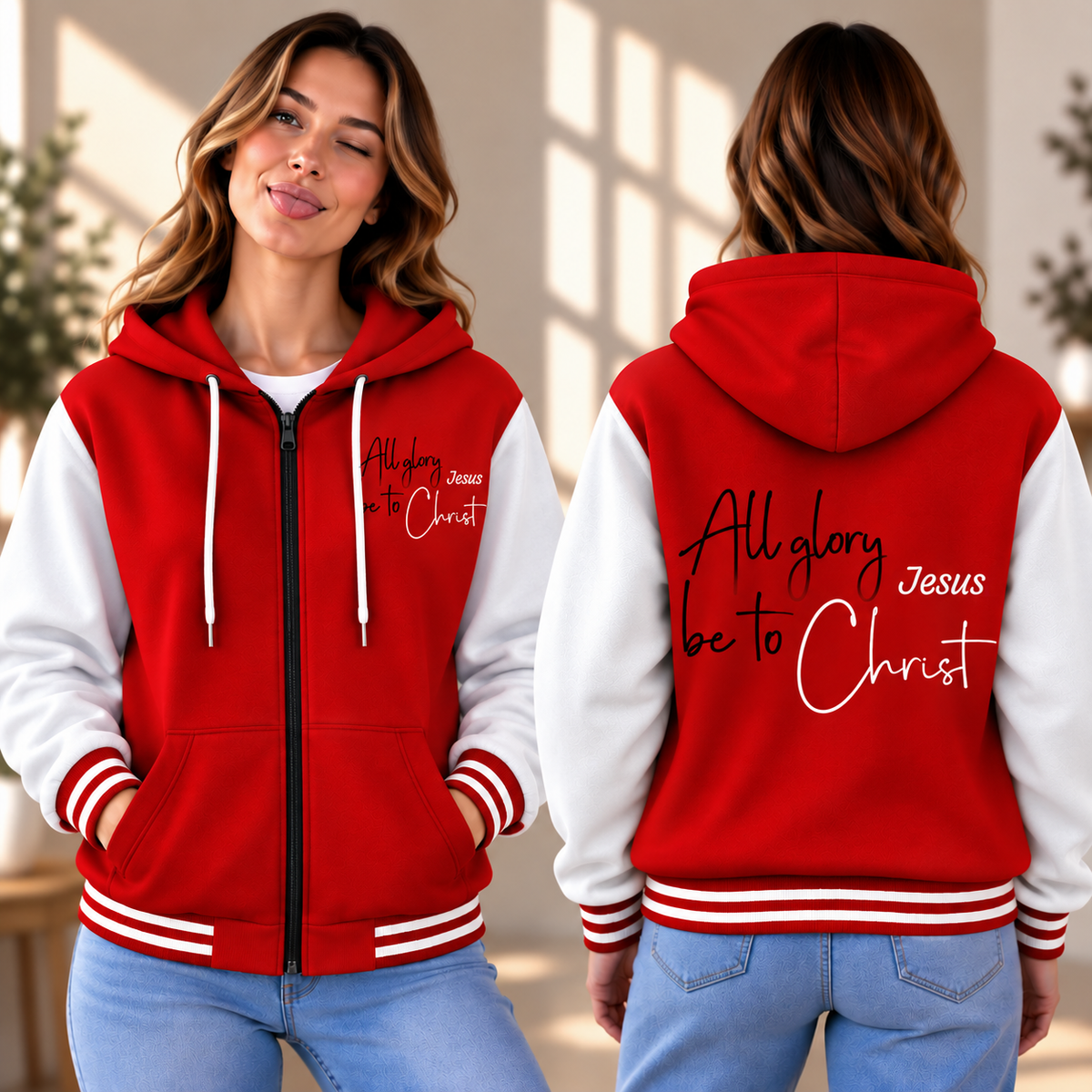 Red White Script Zip-up Baseball Jacket