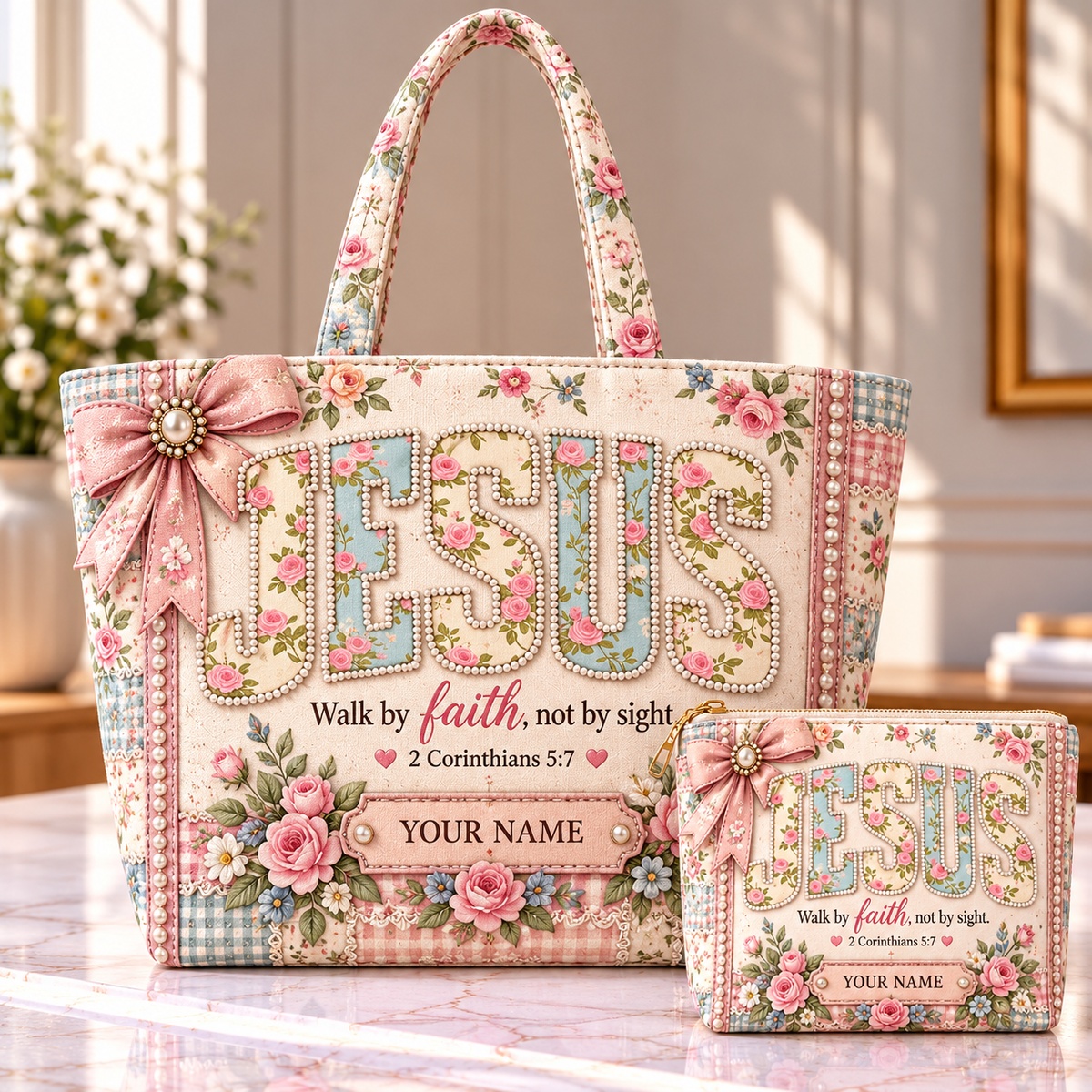 Pink Rose Bow Personalized Quilted Shoulder Bag & Storage Bag
