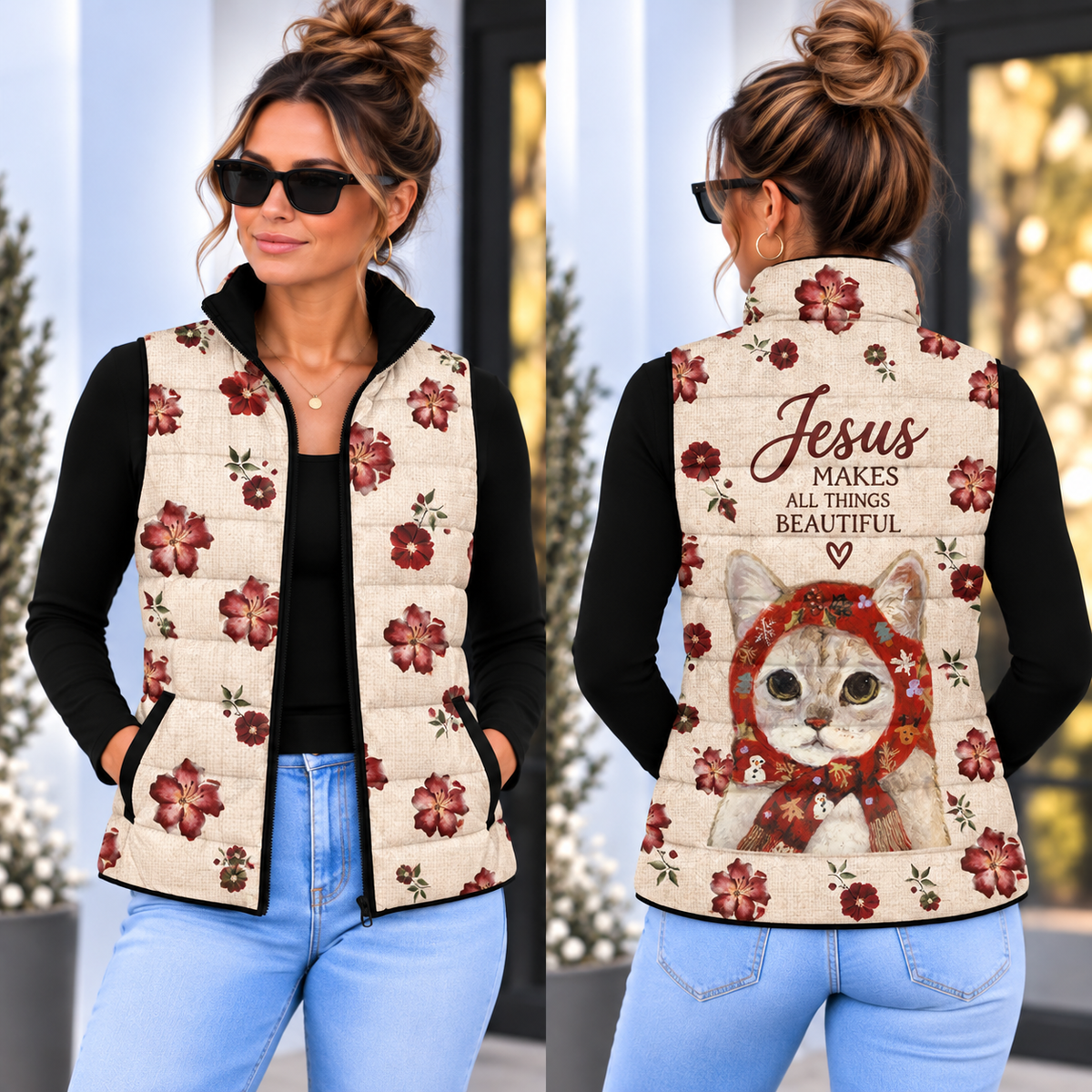 Floral Red Scarf Cat Down Puffer Vest