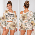 Jesus Loves Us Sunflower Cross One-Shoulder Top and Shorts Set