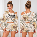 Jesus Loves Us Sunflower Cross One-Shoulder Top and Shorts Set