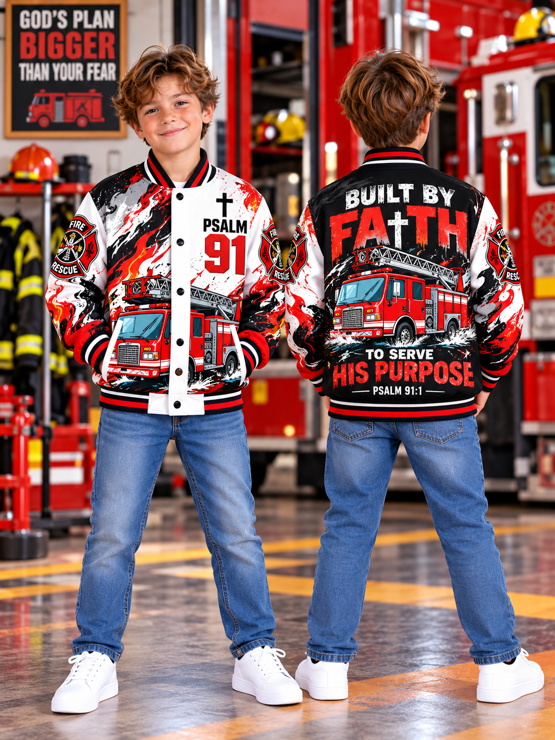 Faith To Serve Fire Truck Kids Baseball Jacket