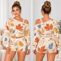 Autumn Maple Leaf Plaid One-Shoulder Top and Shorts Set