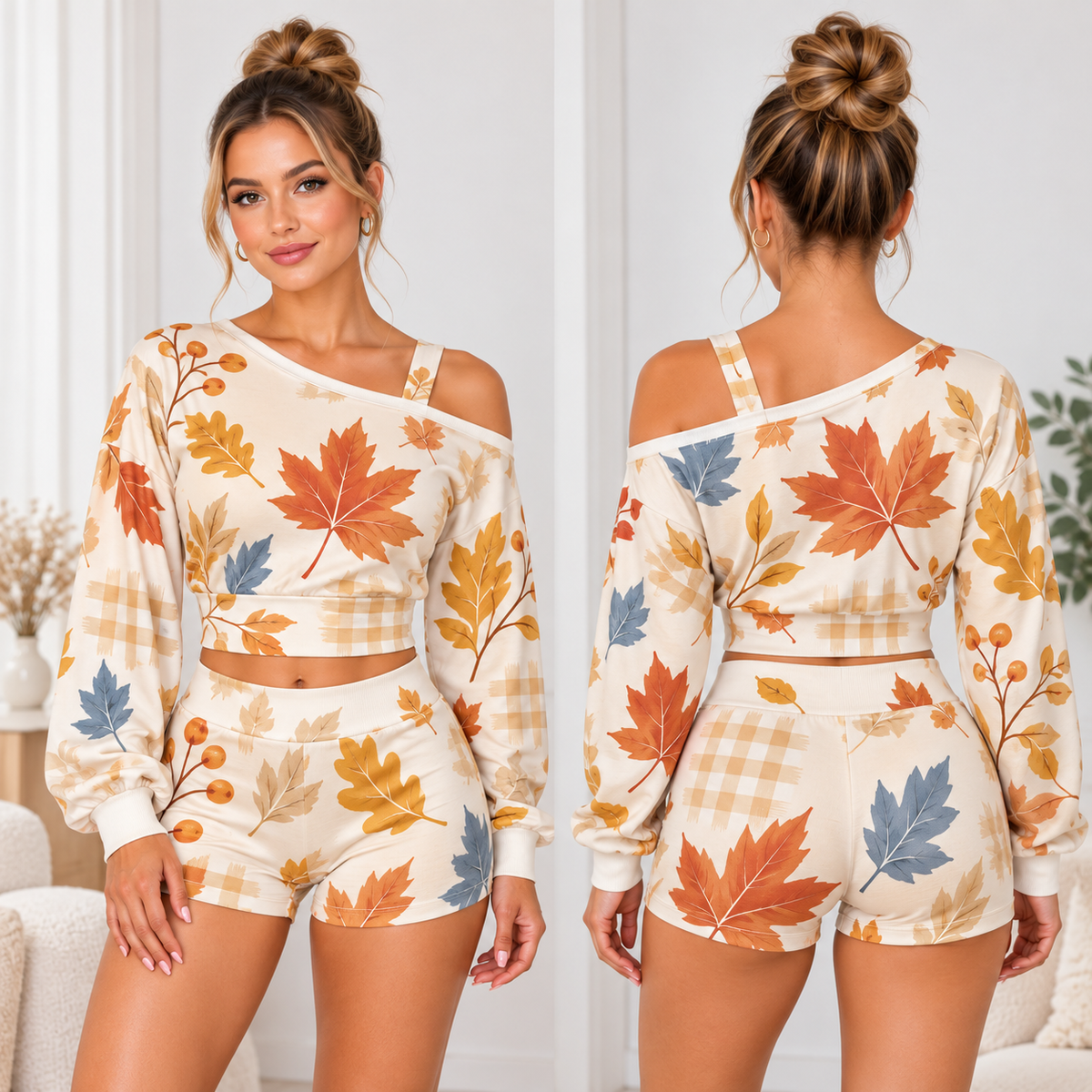 Autumn Maple Leaf Plaid One-Shoulder Top and Shorts Set