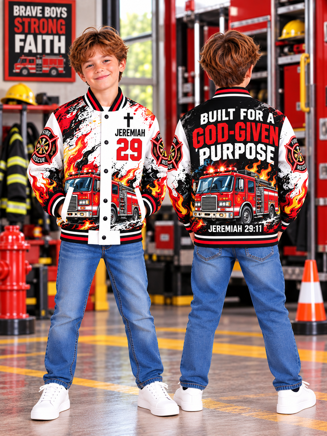 God-Given Purpose Fire Truck Kids Baseball Jacket