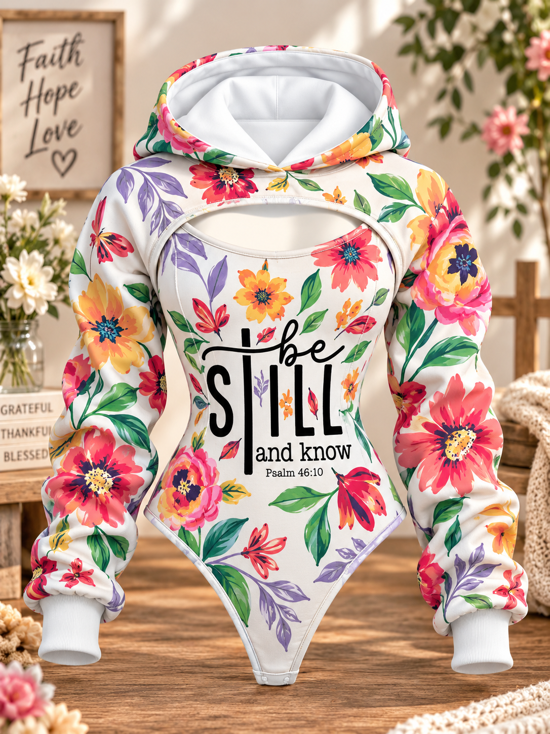 Be Still Floral Psalm 46:10 Hooded Jumpsuit