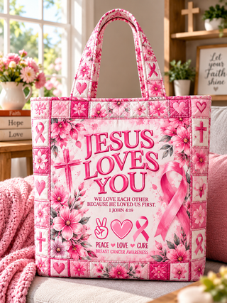 Jesus Loves You Pink Ribbon Tote Bag