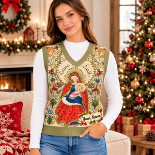 Folk Floral Mother and Child Personalized Knitted V-Neck Vest