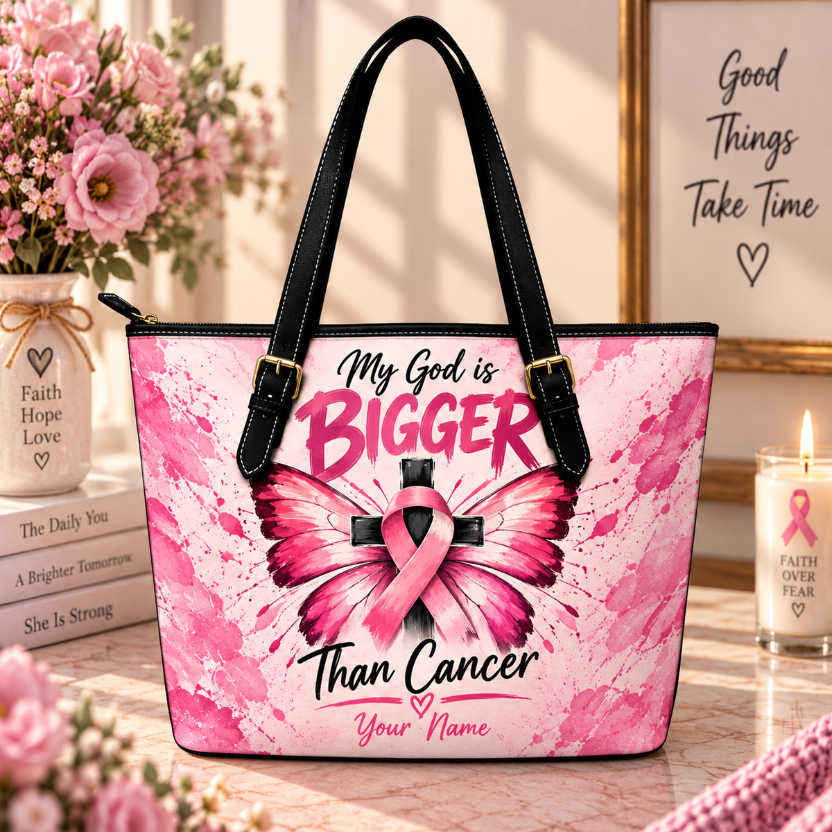 Faith Butterfly Pink Ribbon Personalized Saddle Bag