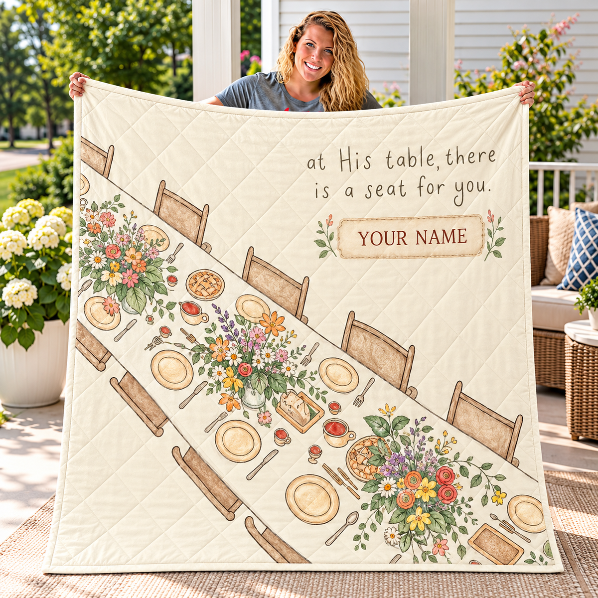 Floral Gathering Table Personalized Quilt