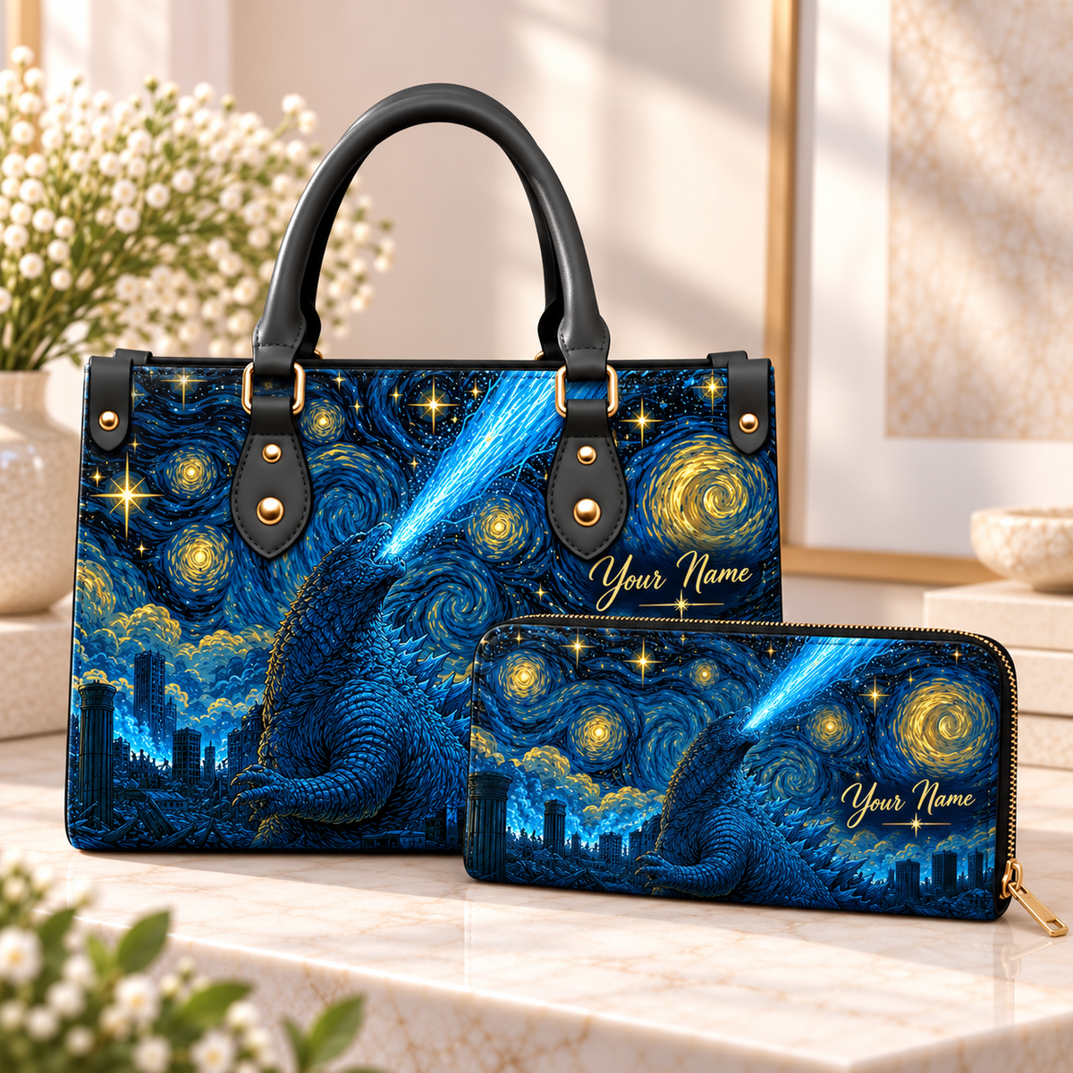 Starry Blue Monster Personalized PU Leather Handbag & Leather Long Wallet