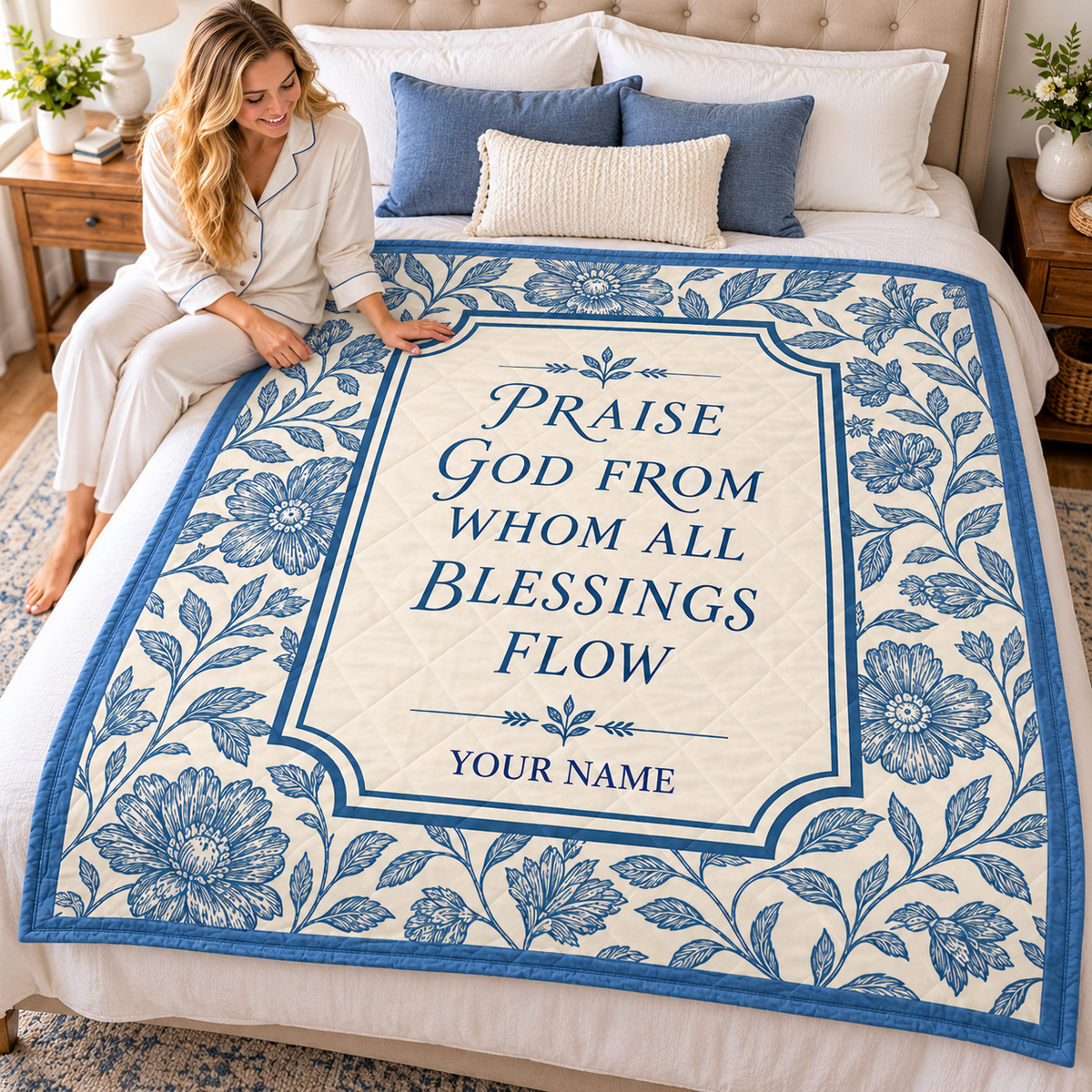 Vintage Blue Botanical Personalized Quilt