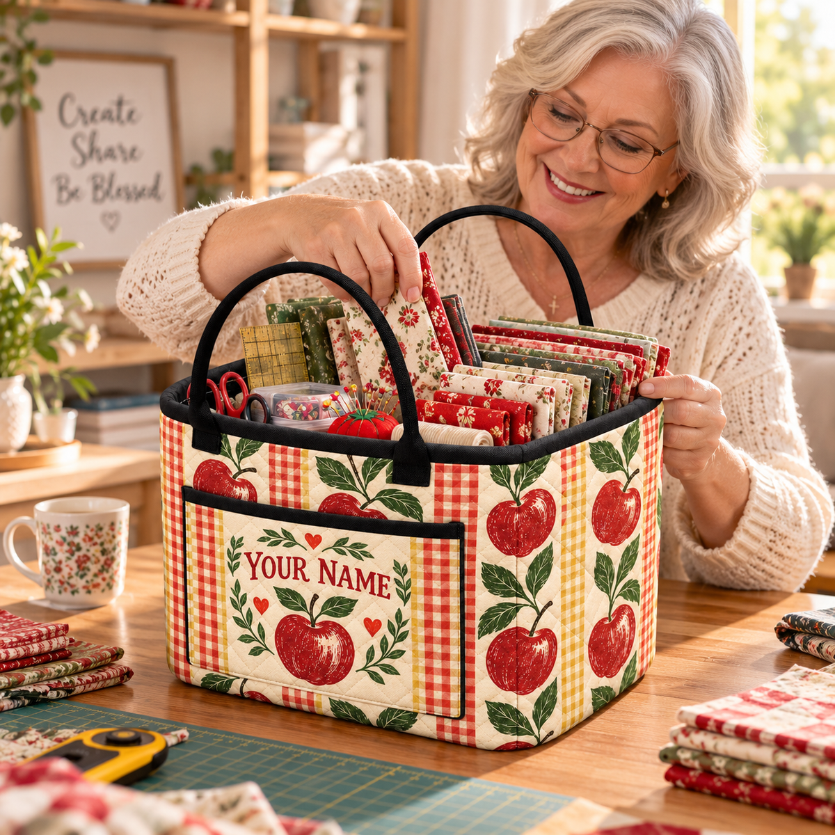 Red Apple Gingham Personalized Quilted Storage Basket