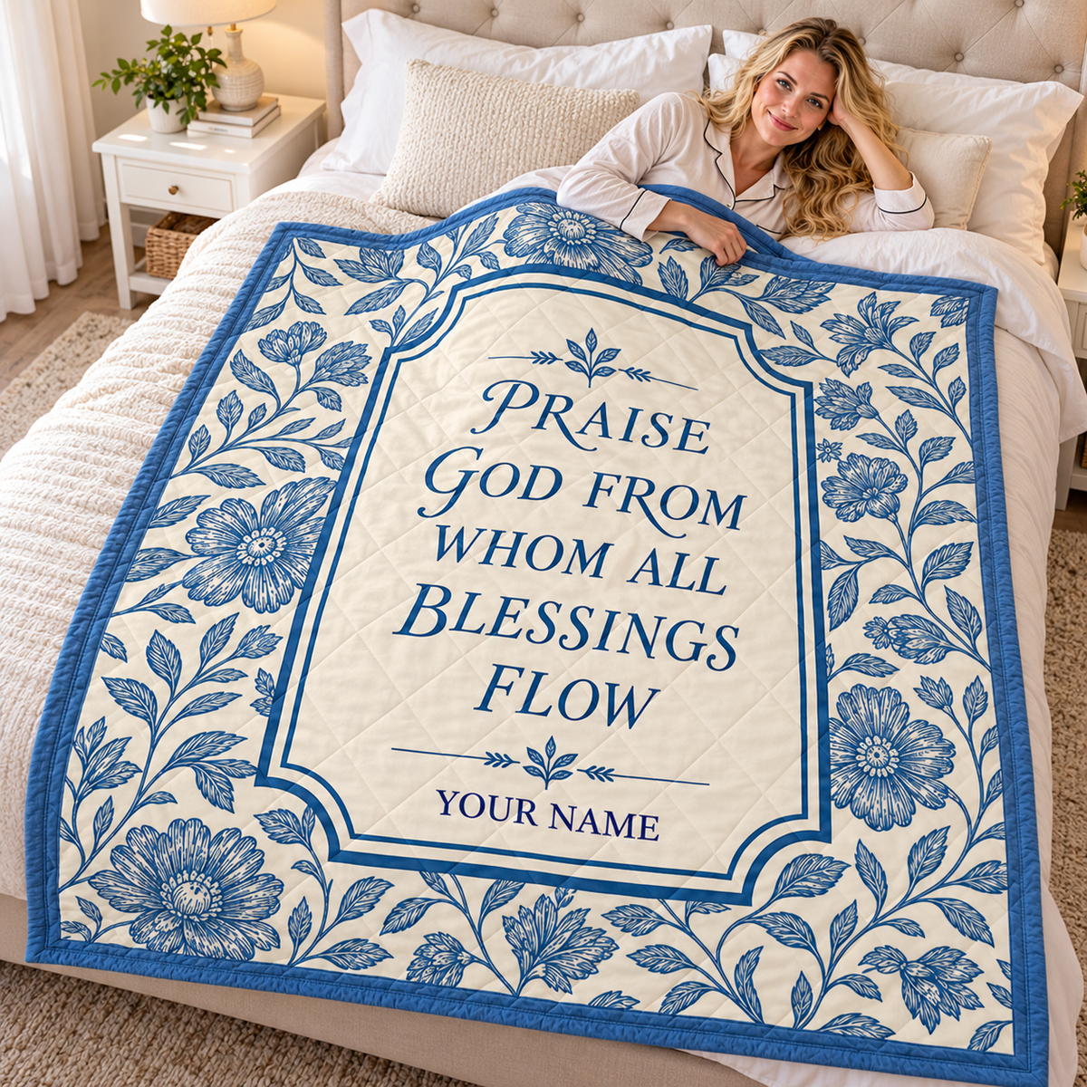 Vintage Blue Botanical Personalized Quilt