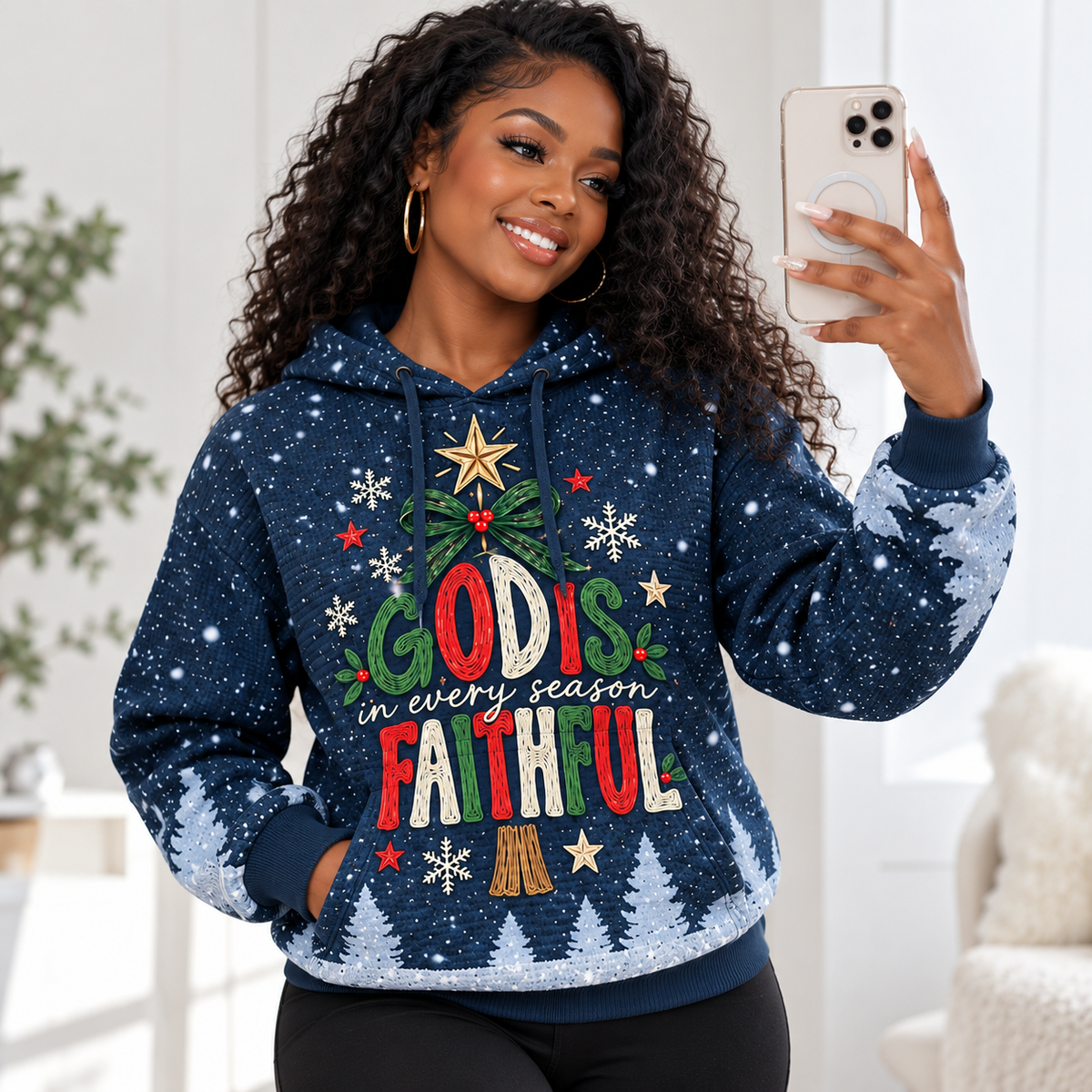 Navy Snowy Pines Green Bow Waffle Hoodie
