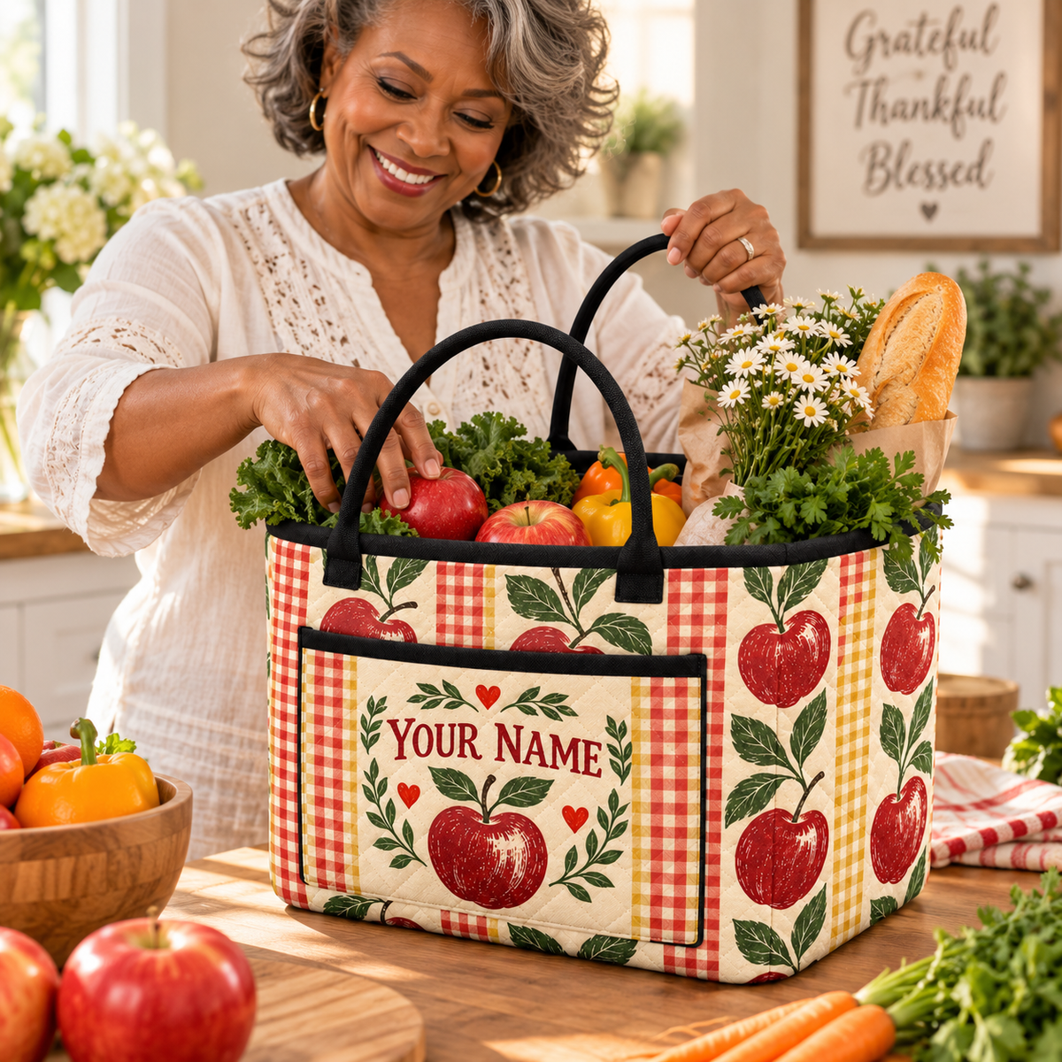 Red Apple Gingham Personalized Quilted Storage Basket