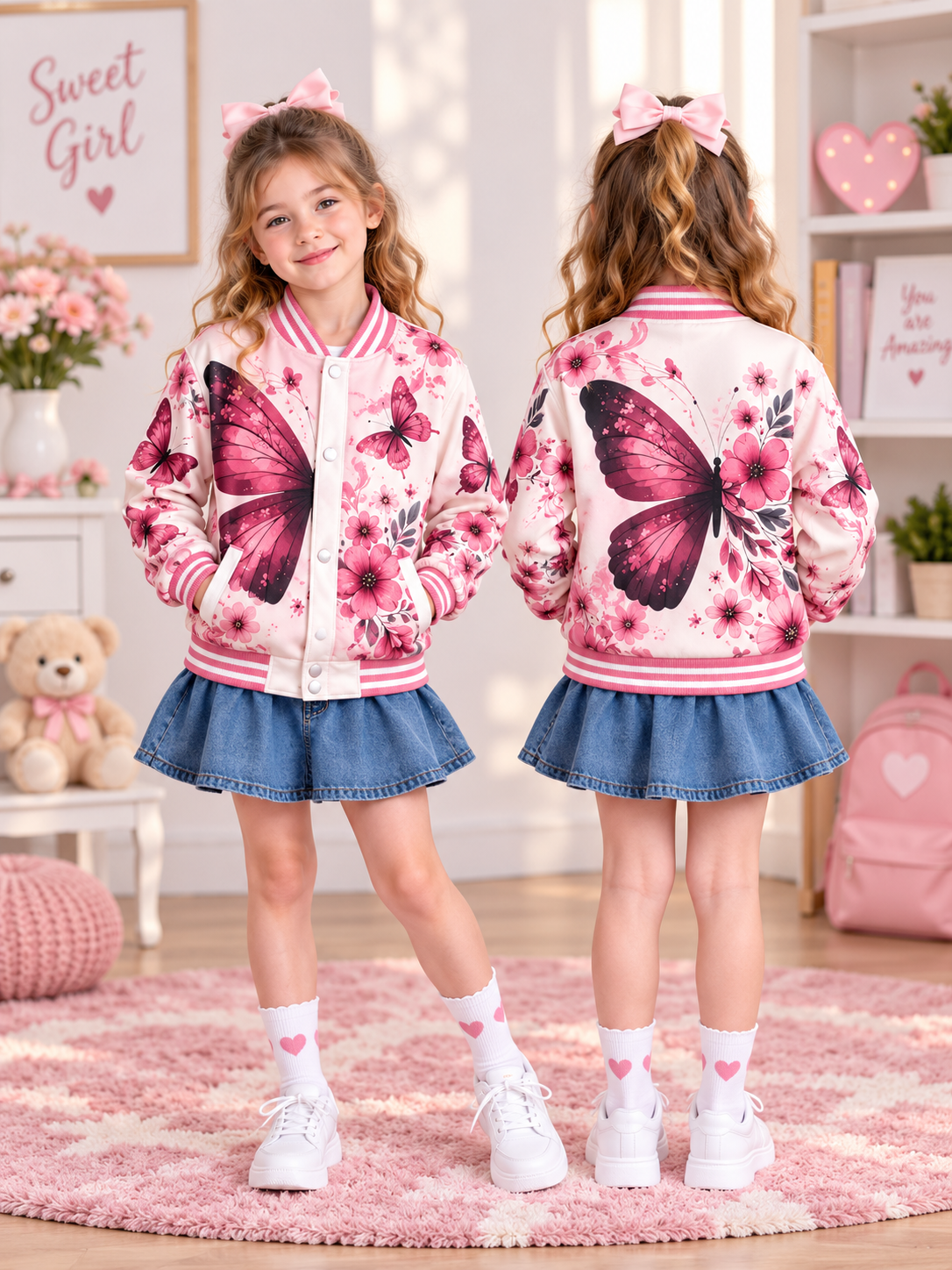 Pink Butterfly Floral Kids Baseball Jacket