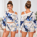 God's Plan Blue Butterfly One-Shoulder Top and Shorts Set