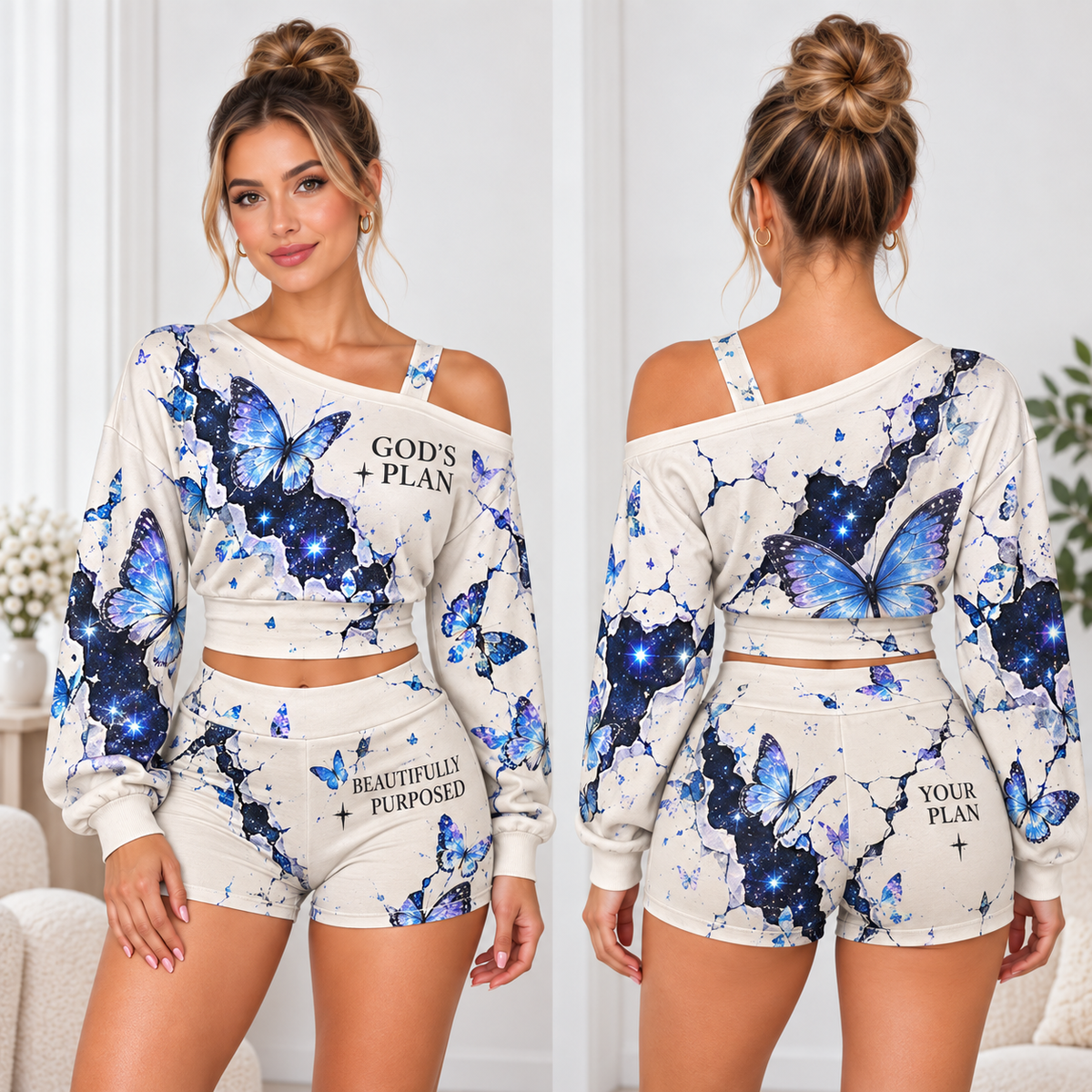 God's Plan Blue Butterfly One-Shoulder Top and Shorts Set