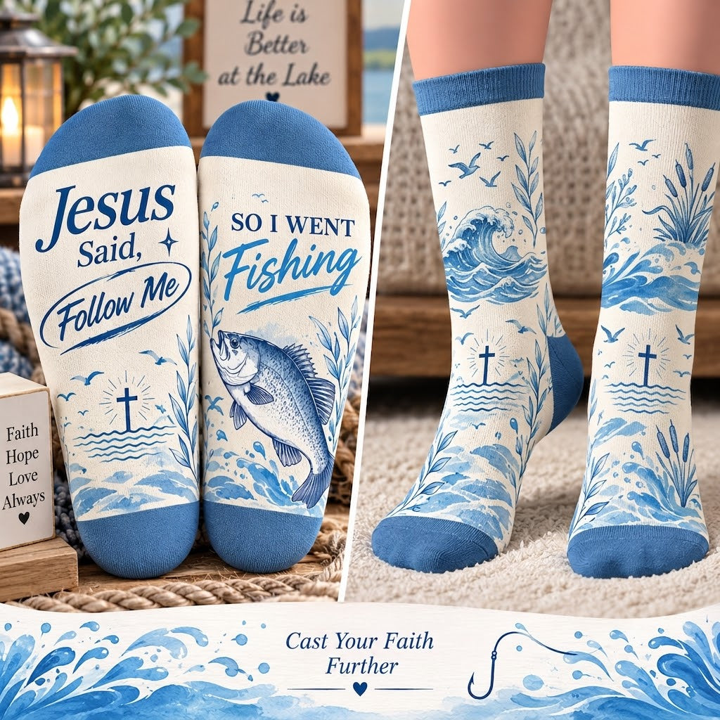 Jesus Said Follow Me So I Went Fishing Mid-Tube Socks