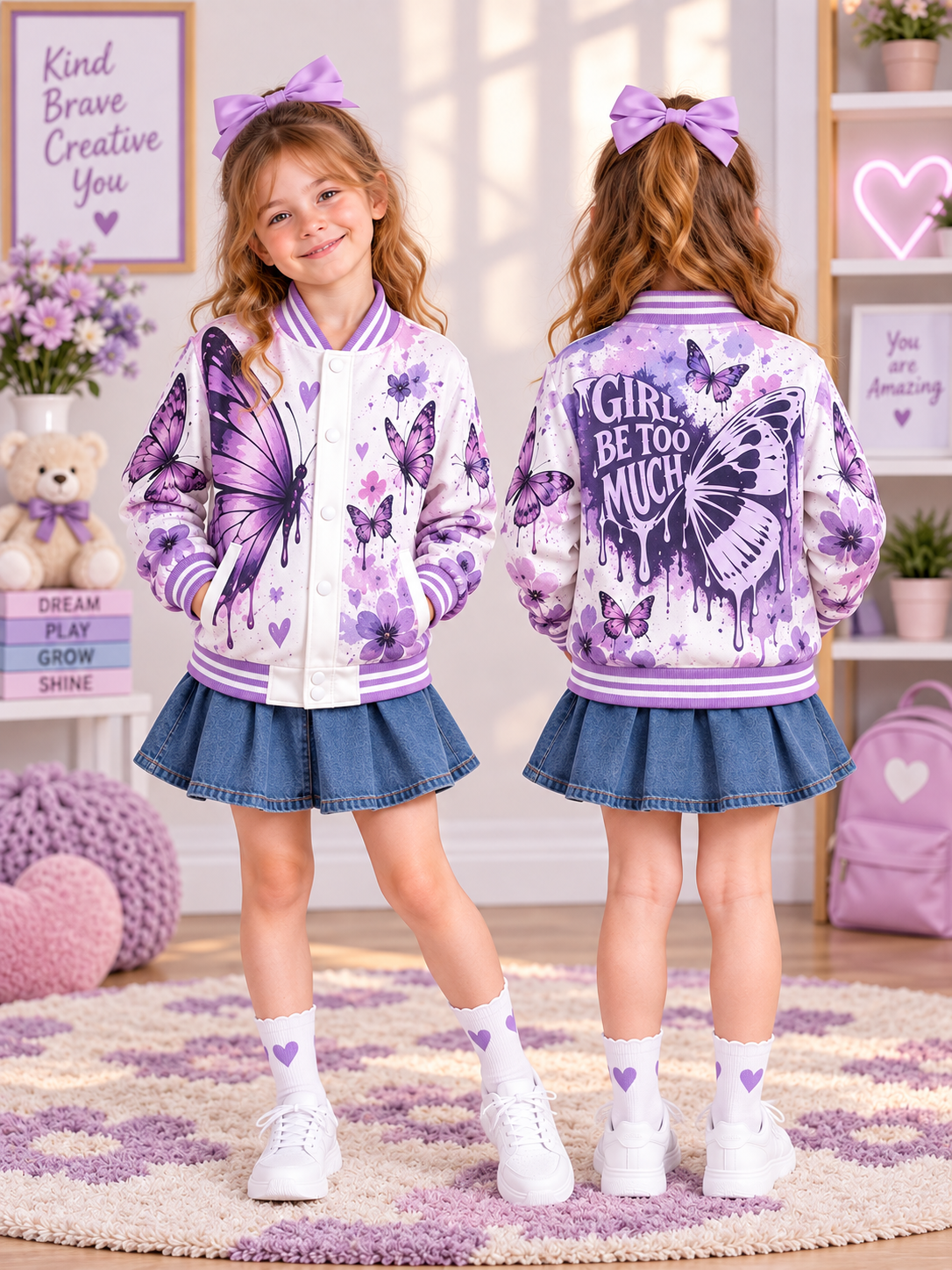 Girl Be Too Much Butterfly Kids Baseball Jacket