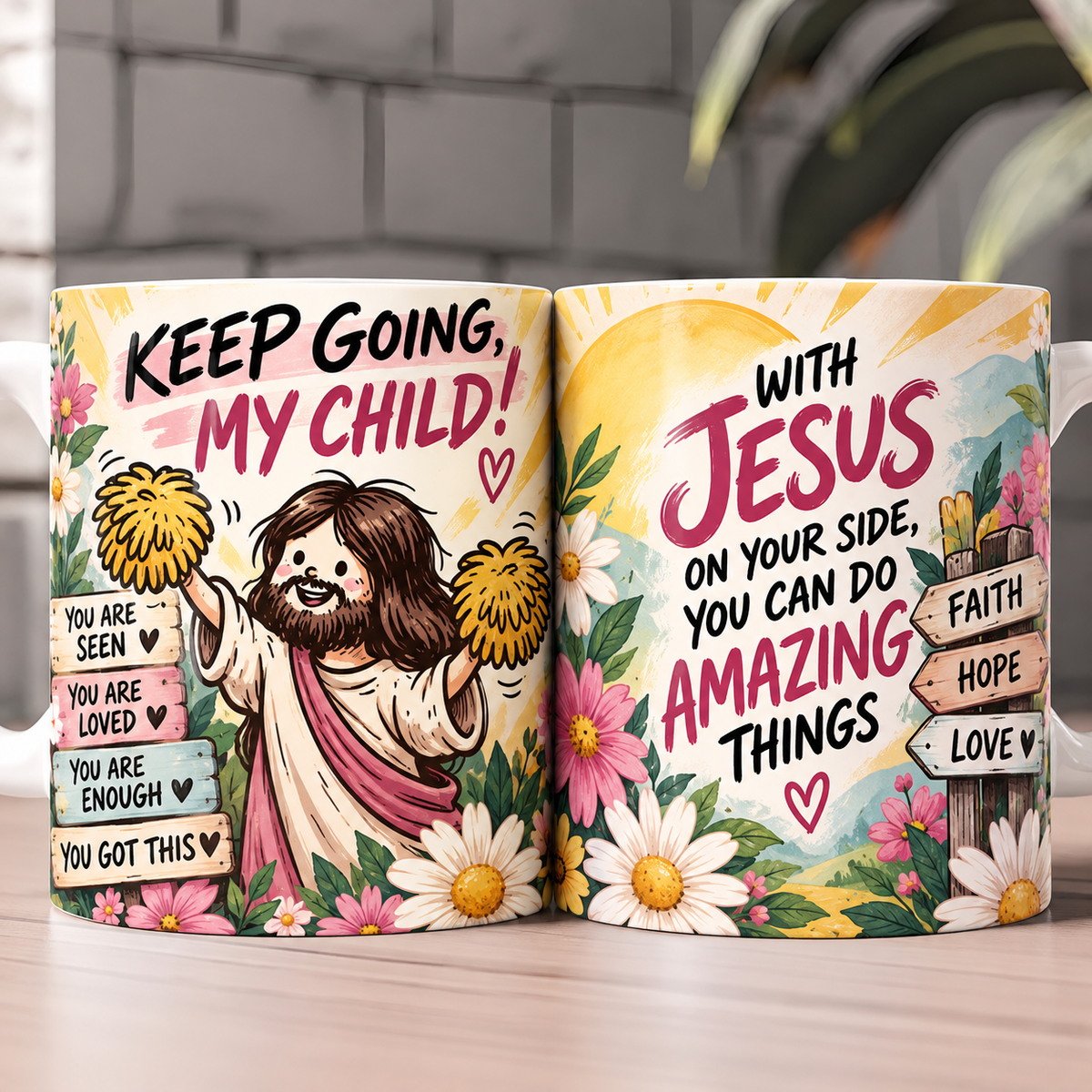 Keep Going My Child Cheerleader Jesus Coffee Mug