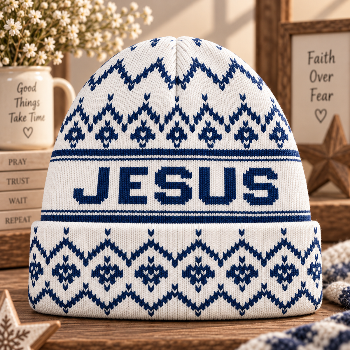 Navy Nordic Pattern Beanie Hat