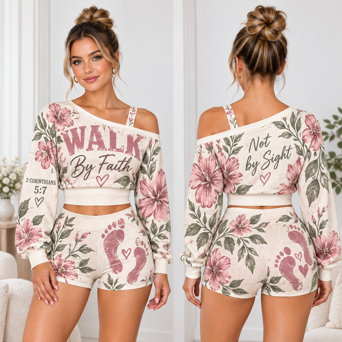 Walk by Faith Floral Footprint One-Shoulder Top and Shorts Set