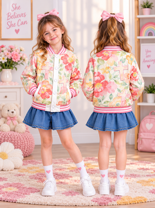 Pastel Floral Cross Kids Baseball Jacket