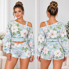 Blue White Floral One-Shoulder Top and Shorts Set