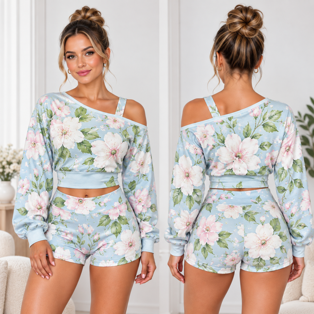 Blue White Floral One-Shoulder Top and Shorts Set