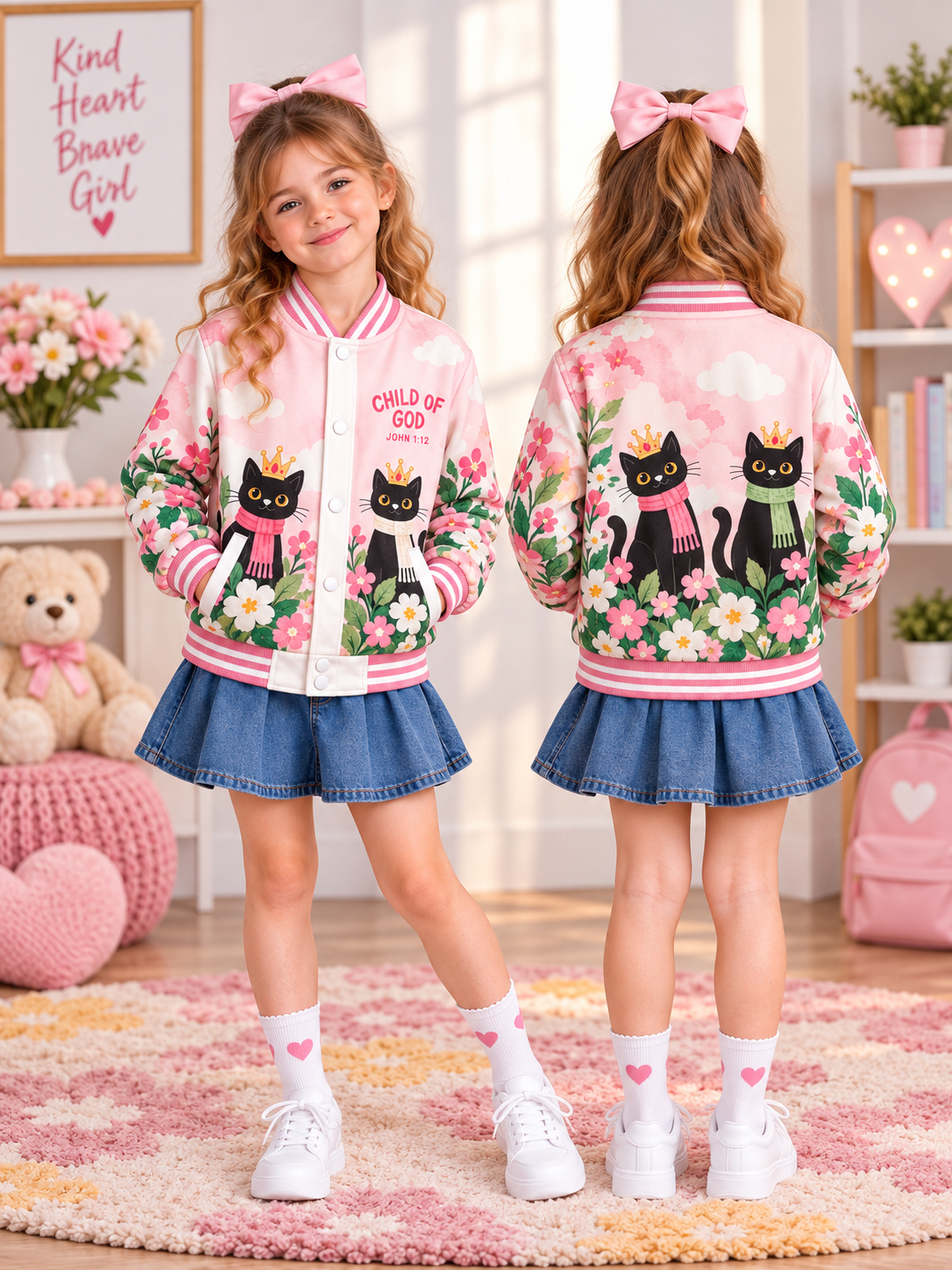 Child Of God Crowned Cats Kids Baseball Jacket