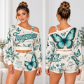 Transformed Blue Butterfly Floral One-Shoulder Top and Shorts Set