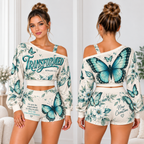 Transformed Blue Butterfly Floral One-Shoulder Top and Shorts Set