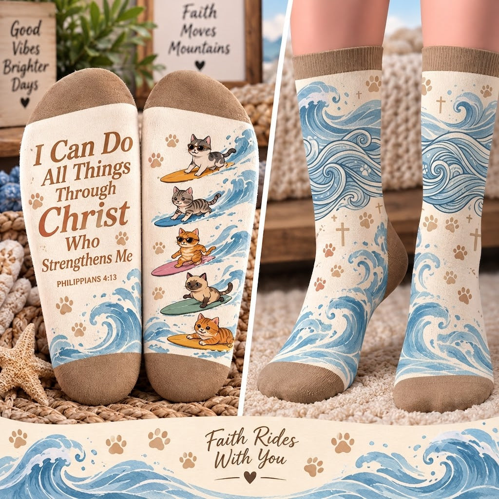 Surfing Cats Philippians 4:13 Mid-Tube Socks
