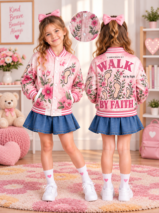 Walk By Faith Floral Footprints Kids Baseball Jacket