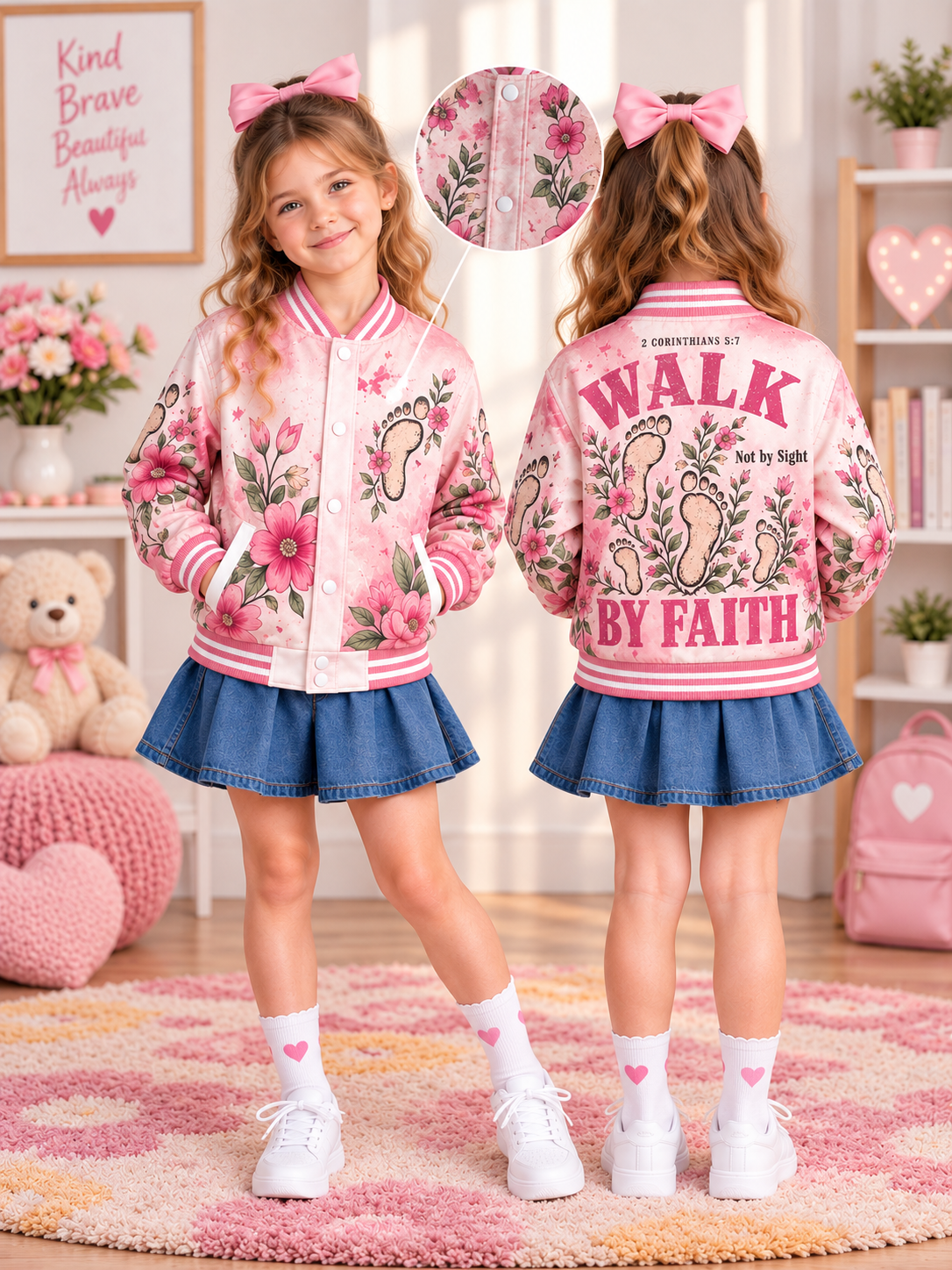 Walk By Faith Floral Footprints Kids Baseball Jacket