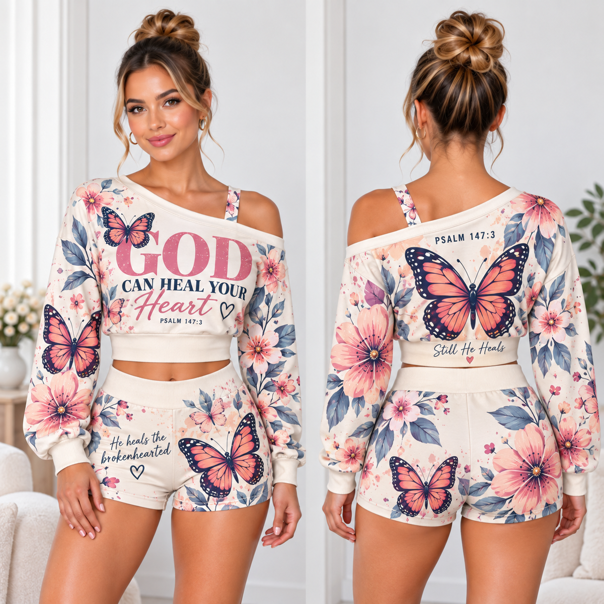 God Can Heal Your Heart One-Shoulder Top and Shorts Set