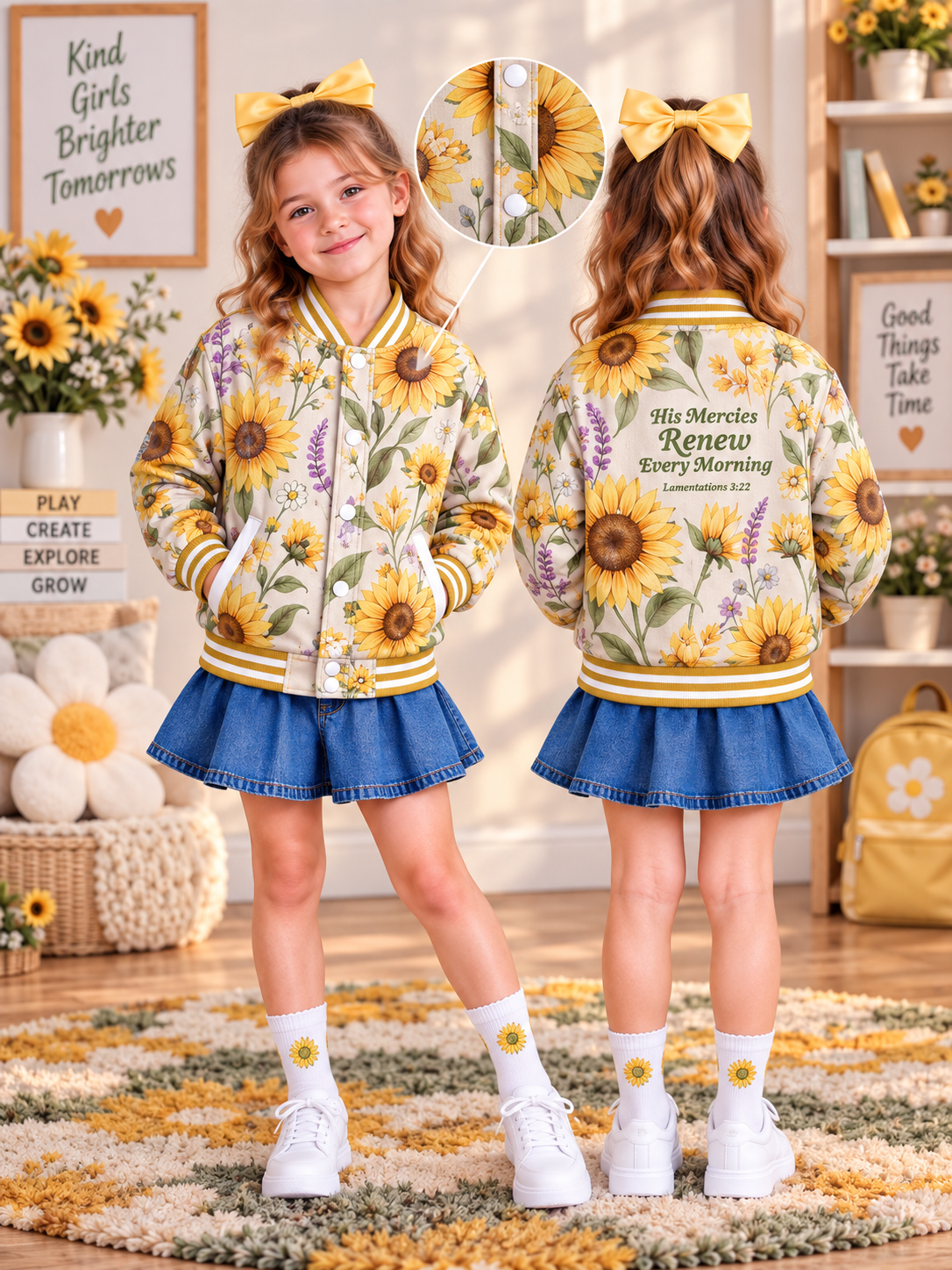 His Mercies Renew Sunflower Kids Baseball Jacket